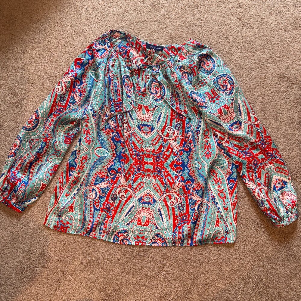 Jones New York Red Aqua Paisley Tie Neck Satin Blouse XL